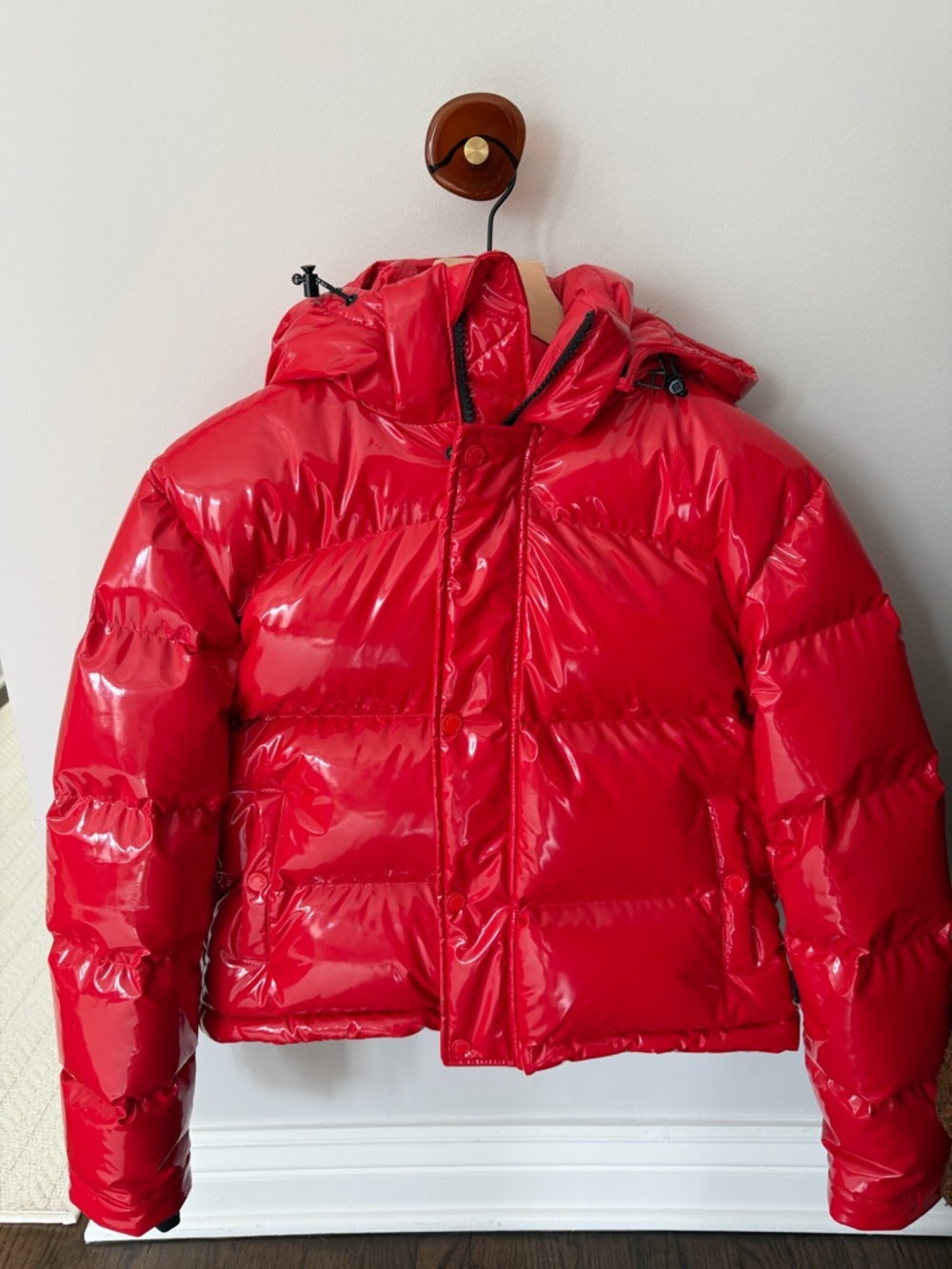 Aritzia Shiny Red Puffer Jacket with Hood
